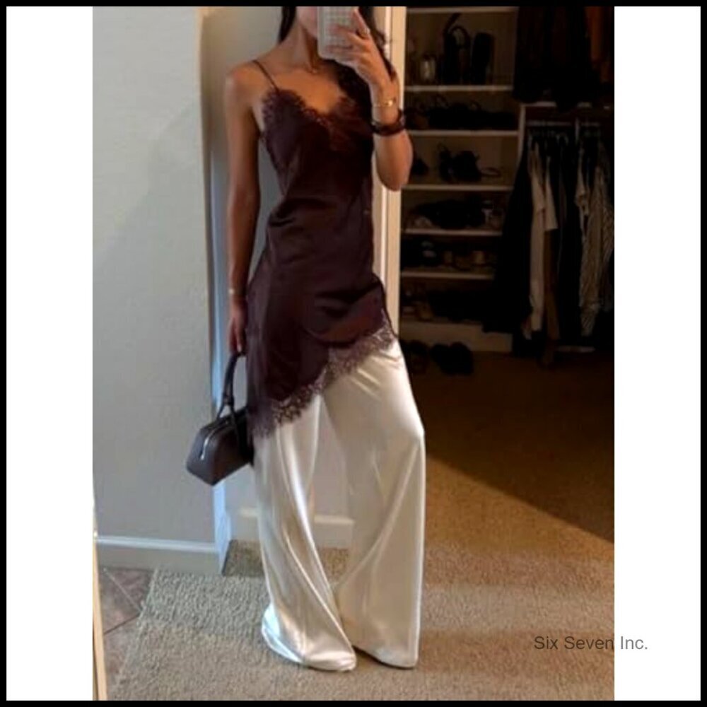 Satin Lace Trim Tank Top Long Flowy Boho Y2K Streetwear Elegant Layering - Picture 2 of 5
